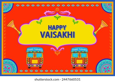 easy to edit vector illustration of celebration of Punjabi festival Vaisakhi background in truck art kitsch style