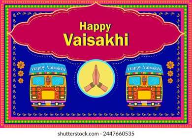 easy to edit vector illustration of celebration of Punjabi festival Vaisakhi background in truck art kitsch style