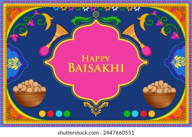 easy to edit vector illustration of celebration of Punjabi festival Vaisakhi background in truck art kitsch style