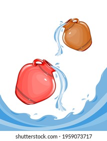 easy to edit vector illustration Ceramic, glossy pitcher. Clay jug of water, water is pouring. Dishes for liquid. Ceramics. Isolated, white. Vector