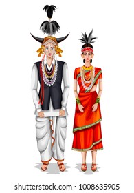 easy to edit vector illustration of Chhattisgarhi wedding couple in traditional costume of Chhattisgarh, India