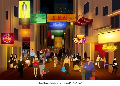 easy to edit vector illustration of city nightlife of busy street Lan Kwai Fong Hong Kong