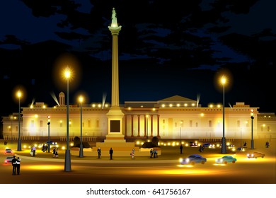easy to edit vector illustration of city nightlife of Trafalgar Square Westminster, Central London svg