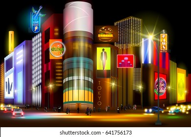 easy to edit vector illustration of city nightlife of busy street of Tokyo