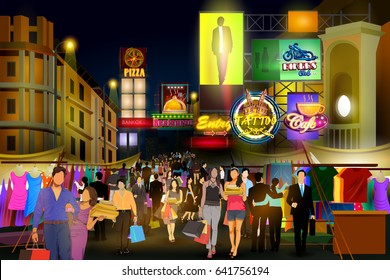 easy to edit vector illustration of city nightlife of busy street