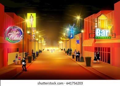 Easy To Edit Vector Illustration Of City Nightlife Of Busy Street