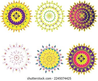 easy to edit vector illustration of collection of colorful rangoli pattern for India festival decoration