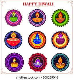 easy to edit vector illustration of collection of decorated diya on rangoli for Happy Diwali holiday