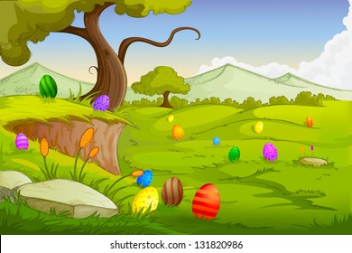 easy to edit vector illustration of colorful Easter egg in landscape