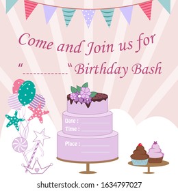 easy to edit vector illustration of colorful trendy fairy tale unicorn invitation card template background for Birthday