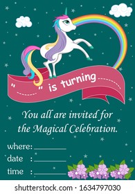 easy to edit vector illustration of colorful trendy fairy tale unicorn invitation card template background for Birthday