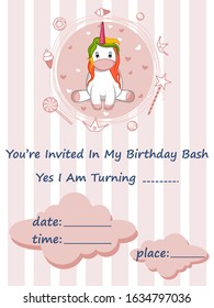 easy to edit vector illustration of colorful trendy fairy tale unicorn invitation card template background for Birthday
