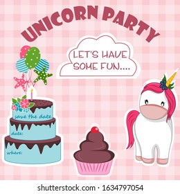 easy to edit vector illustration of colorful trendy fairy tale unicorn invitation card template background for Birthday