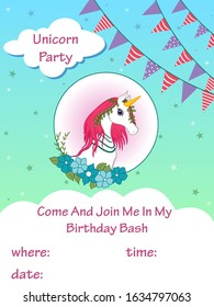 easy to edit vector illustration of colorful trendy fairy tale unicorn invitation card template background for Birthday