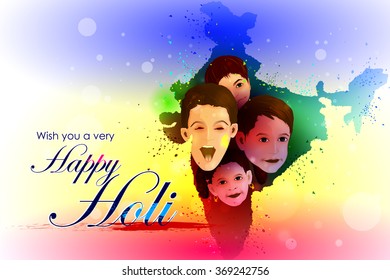 easy to edit vector illustration of colorful Holi background kids on India map