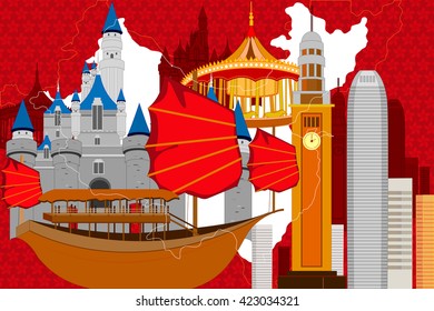 easy to edit vector illustration of colorful collage of Hong Kong