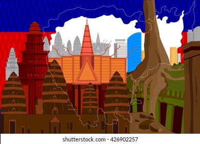 easy to edit vector illustration of colorful collage of Cambodia