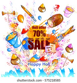 easy to edit vector illustration of colorful Happy Hoil Sale and Promotion Advertisement background for festival of colors in India