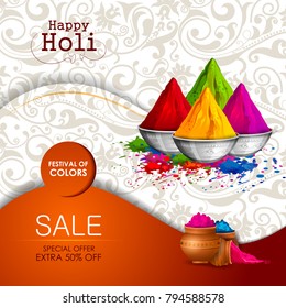 easy to edit vector illustration of Colorful Happy Hoil Sale Promotion Shopping Advertisement background for festival of colors in India