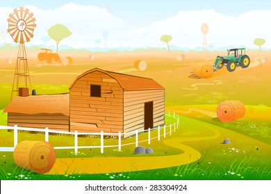 easy to edit vector illustration of countryside landscape with farmhouse