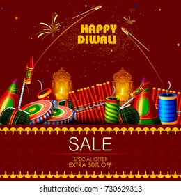 easy to edit vector illustration of cracker for Happy Diwali holiday shopping sale offer background
