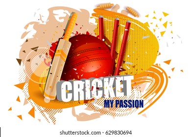 easy to edit vector illustration of Cricket background with bat, ball and stump wicket