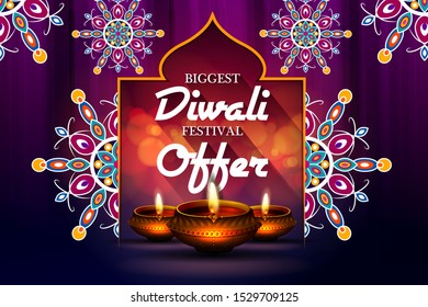 easy to edit vector illustration of decorated diya for Happy Diwali holiday Hindu festival of India sale promotion offer advertisement background