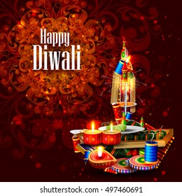 easy to edit vector illustration of decorated diya with cracker for Happy Diwali holiday background