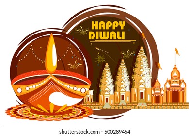 easy to edit vector illustration of decorated diya for Happy Diwali holiday background with temple