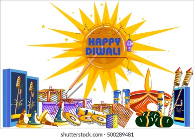 easy to edit vector illustration of decorated diya with cracker for Happy Diwali holiday background