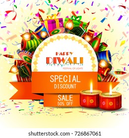 easy to edit vector illustration of decorated diya with cracker for Happy Diwali holiday shopping sale offer background