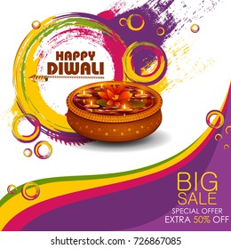 easy to edit vector illustration of decorated diya on Happy Diwali shopping sale offer