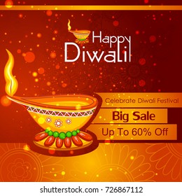 easy to edit vector illustration of decorated diya on Happy Diwali shopping sale offer