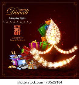easy to edit vector illustration of decorated diya with cracker for Happy Diwali holiday shopping sale offer background