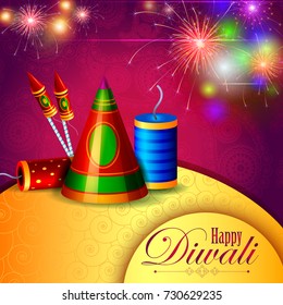 easy to edit vector illustration of decorated diya with cracker for Happy Diwali holiday background