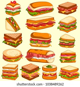 fácil de editar ilustración vectorial de diferentes variedad de sándwiches y hamburguesas frescos y sabrosos