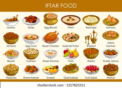 Easy To Edit Vector Illustration Of Different Delicious Food For Ramadan Iftar Food