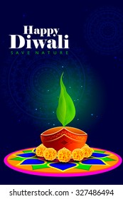 easy to edit vector illustration of diya on rangoli for safe Happy Diwali background