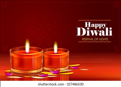 easy to edit vector illustration of diya with flower for Happy Diwali background