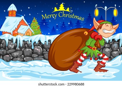 easy to edit vector illustration of Dragging elf with gift bag during Christmas