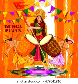 easy to edit vector illustration of drummer with dhak for Happy Durga Puja India festival holiday background