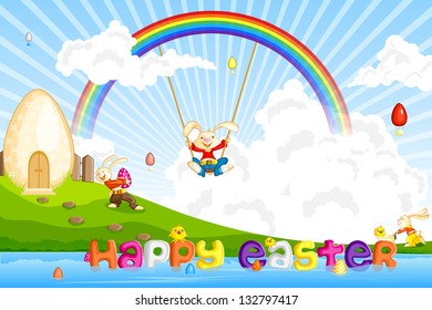 easy to edit vector illustration of Easter bunny jumping on cloud
