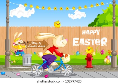easy to edit vector illustration of Easter bunny cycling on road