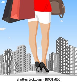 easy to edit vector illustration of fashionable lady with shopping bag in city