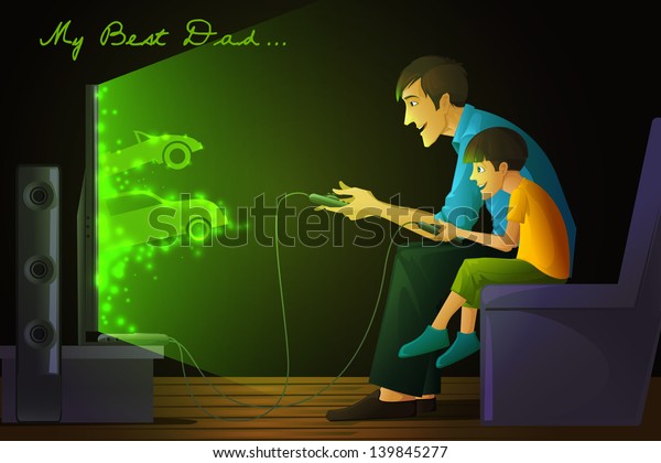 easy to edit vector illustration of father\
and son playing car race  on Father\'s\
Day