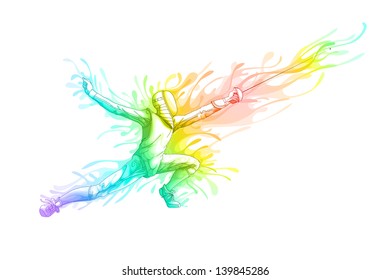 easy to edit vector illustration of fencer attacking with rapier foil