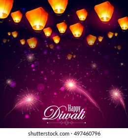 easy to edit vector illustration of floating lamp and firework in Diwali holiday night