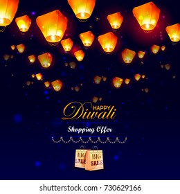 easy to edit vector illustration of floating lamp in Diwali holiday night shopping sale offer