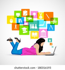 easy to edit vector illustration of girl studying on laptop with education icon coming out