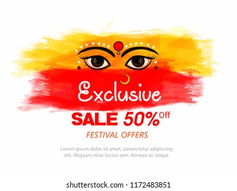easy to edit vector illustration Goddess Durga in Subho Bijoya or Happy Durga Puja sale 50% India festival holiday with background,  